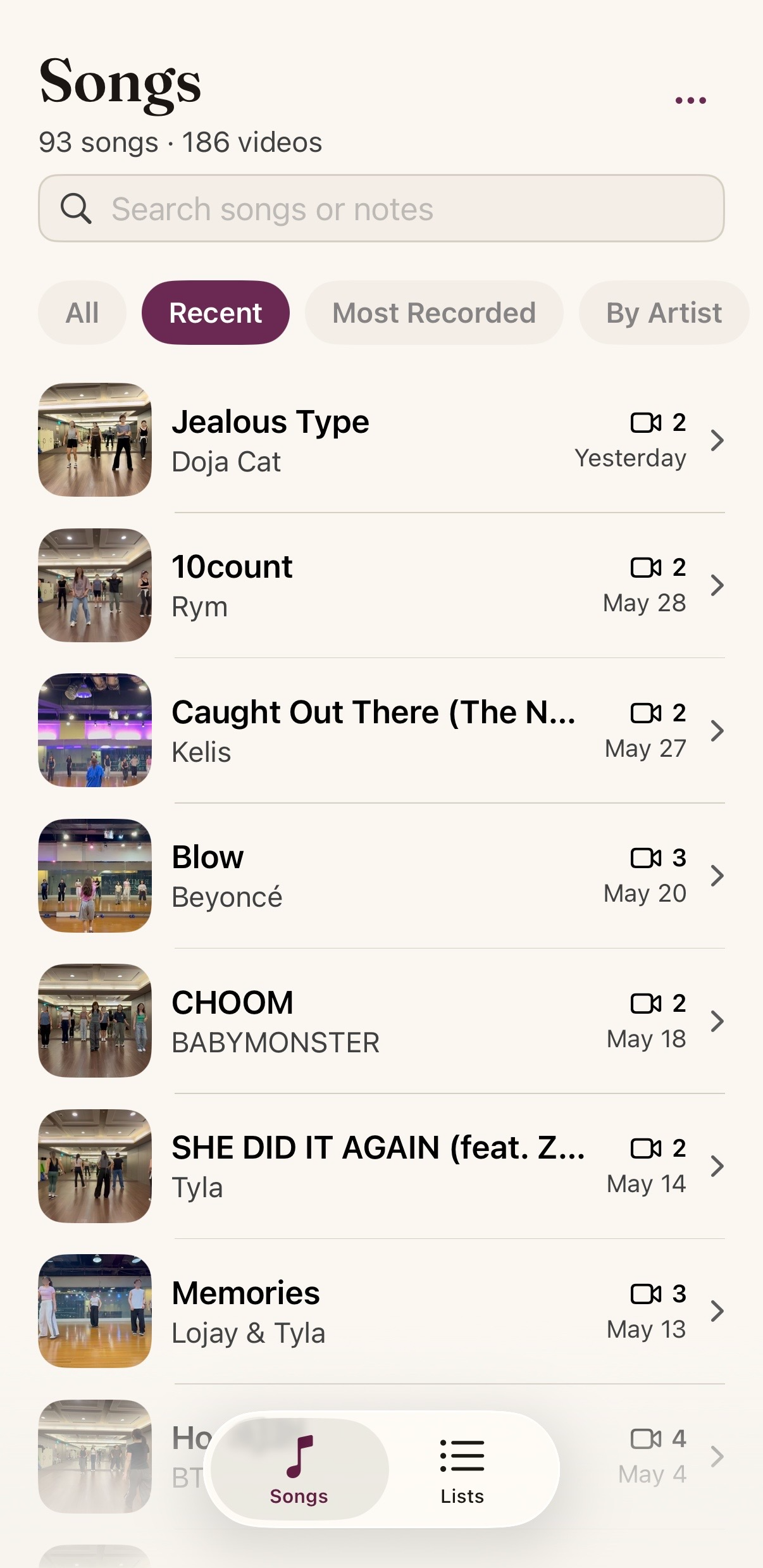 Reelshelf Songs view: a dance-class library shelved by song, each row showing the song title, artist, video count, and most recent date.