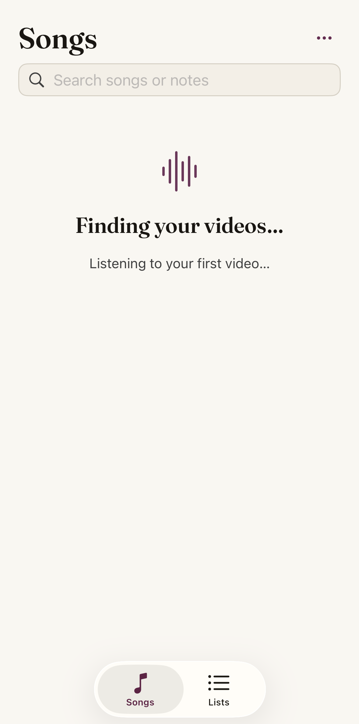 Reelshelf Songs tab in its scanning state: an empty list with a waveform glyph and the text “Finding your videos… Listening to your first video…”